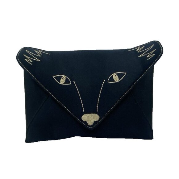 BCBG MaxAzria Black Satin Cat Face Embroidered Envelope Clutch Party Bag - Picture 1 of 16